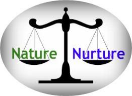 کلمات "nature" به معنای طبیعت و "nurture" به معنای تربیت، در دو کفه‌های ترازو قرار گرفتند