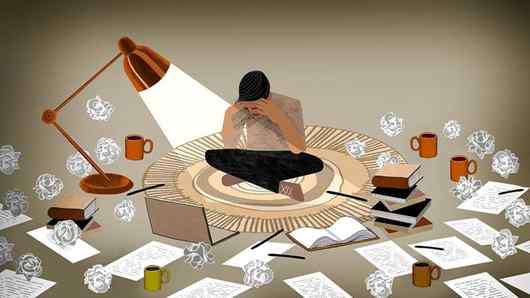 یک تصویر گرافیکی که مردی را نشان می‌دهد که میان کتاب‌ها و دفترهای زیادی نشسته و به نظر راضی نمی‌رسد