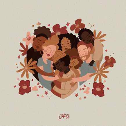 عکس کارتنی از شش نفر که به شکل یک قلب یکدیگر را در آغوش کشیده‌اند و دارای رنگ پوست‌های متفاوتی هستند